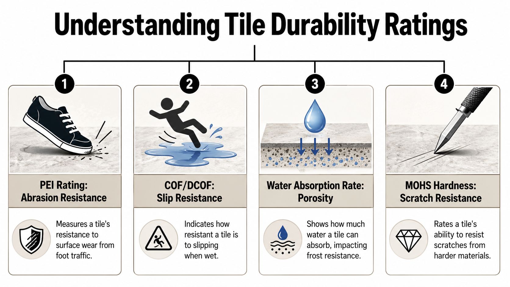 An infographic showing four key durability ratings for tiles including abrasion, slip, porosity, and scratch resistance.