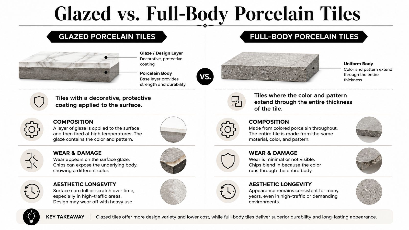 A comparison infographic detailing the differences between glazed porcelain tiles and full-body porcelain tiles in construction and durability.