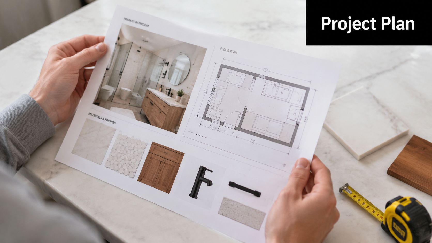A person holds a printed bathroom renovation plan featuring floor layouts and various material and finish samples.