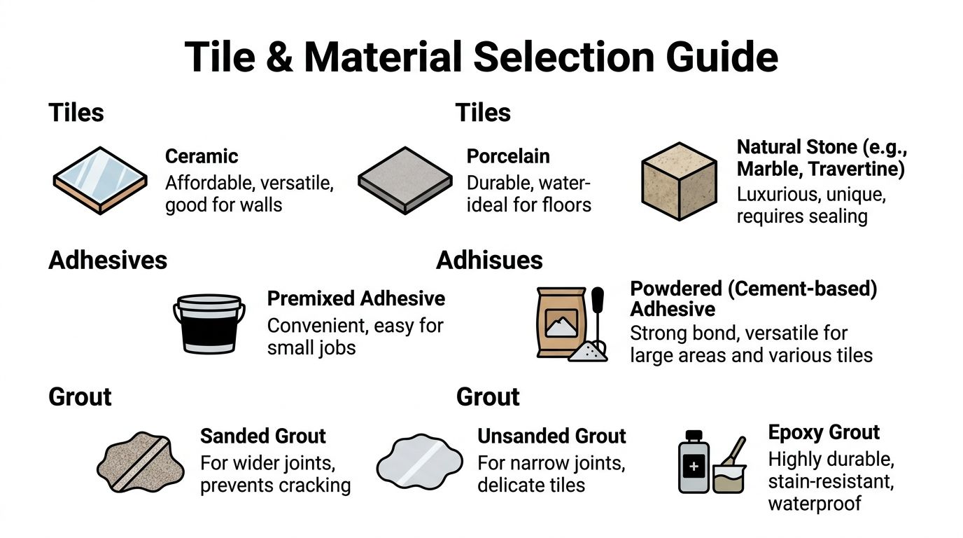 A guide illustrating various types of tiles, adhesives, and grout with descriptions for home renovation projects.