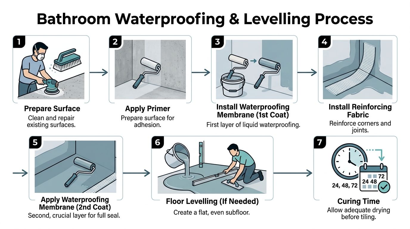 A seven-step instructional infographic explaining the professional process of bathroom waterproofing and floor levelling for renovation.