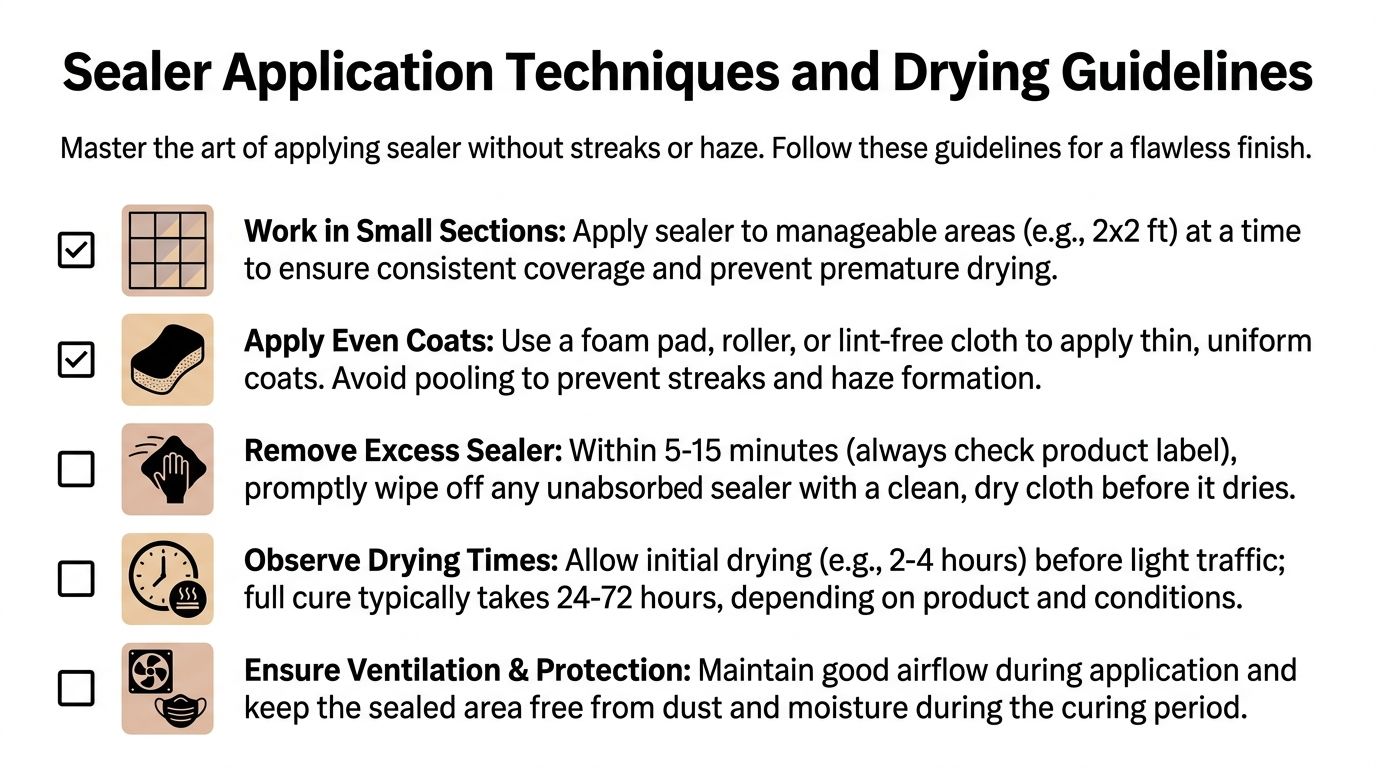A checklist infographic detailing the five essential steps for properly applying stone floor sealer for a flawless finish.
