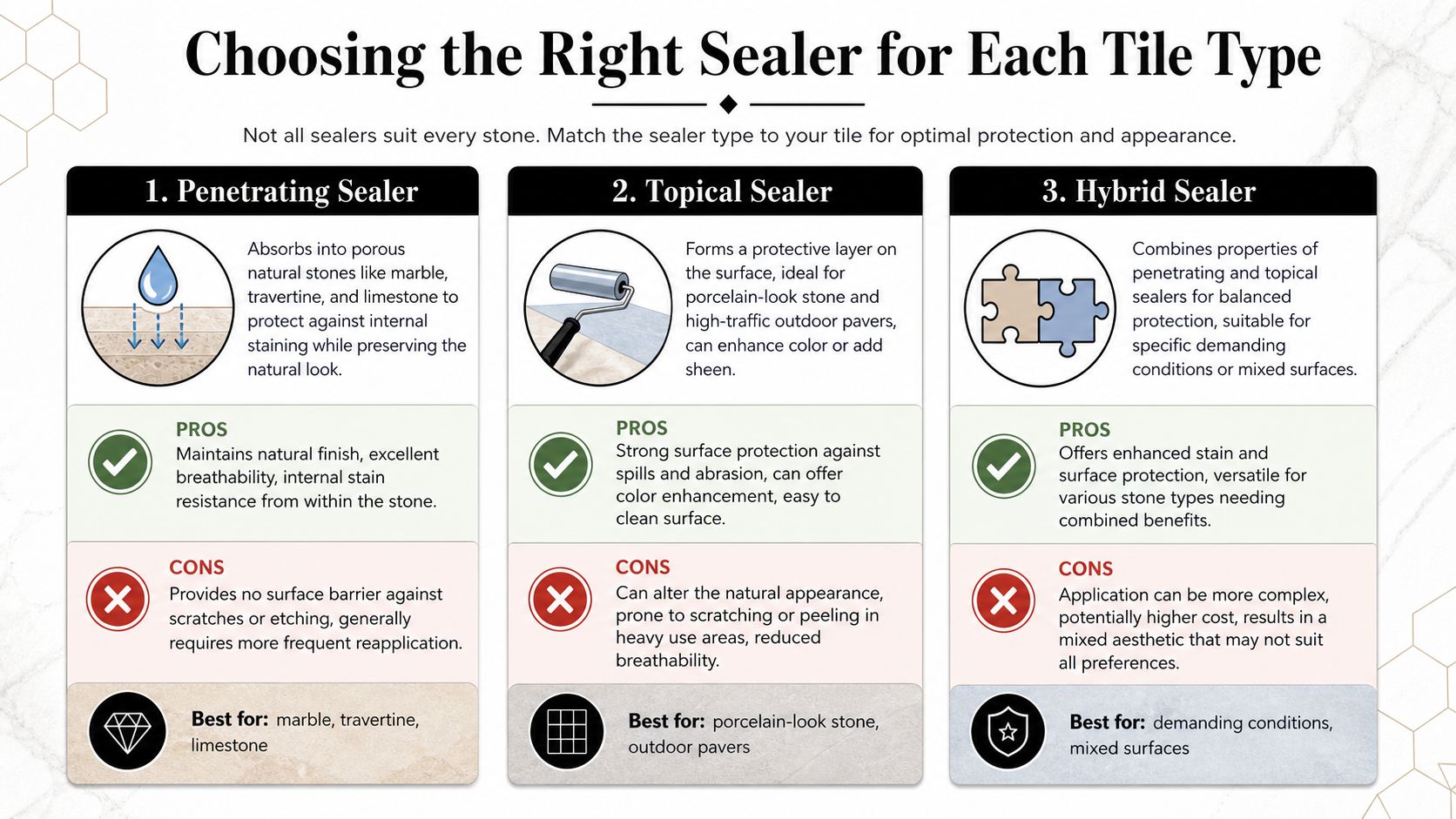 A guide illustrating the differences between penetrating, topical, and hybrid sealers for various natural stone tiles.