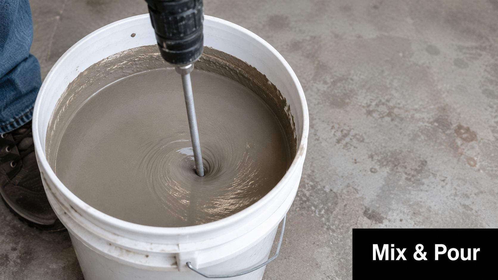A construction worker mixing self-leveling compound in a white plastic bucket using a drill with a mixer attachment.