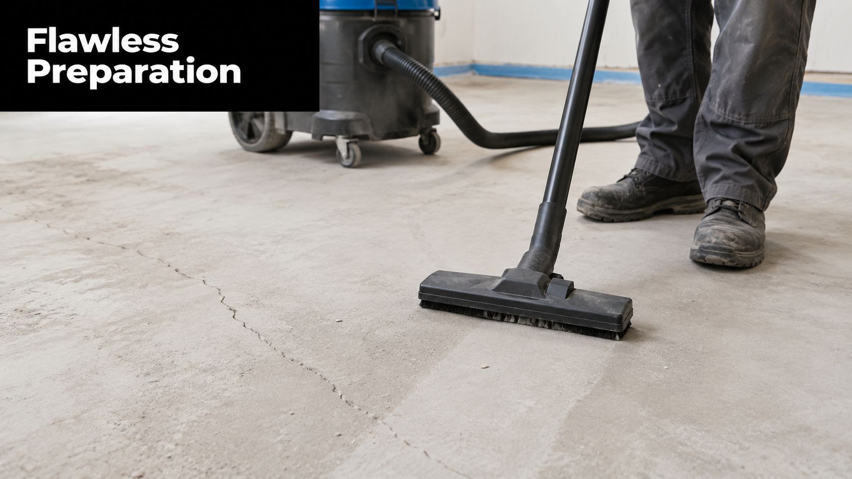 A construction worker cleaning a dusty concrete floor with a heavy duty industrial vacuum cleaner.