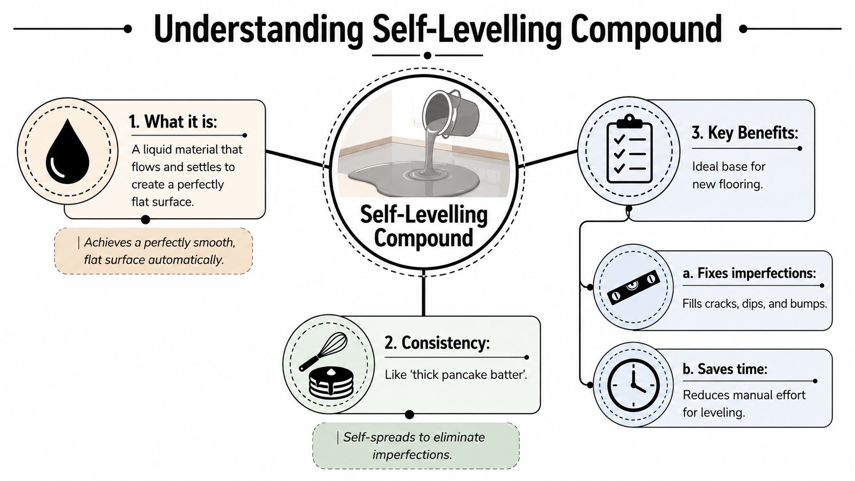 An infographic explaining self-levelling compound, its consistency, and its benefits for creating flat, smooth floor surfaces.