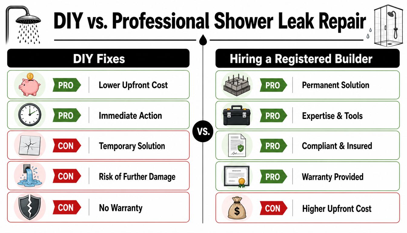 A comparison chart showing the pros and cons of DIY versus professional shower leak repair services.