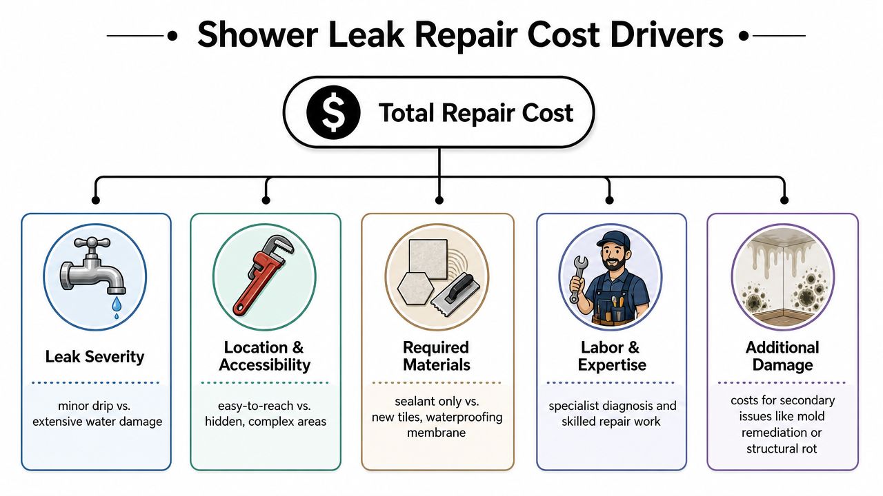 A flowchart infographic detailing the key factors that influence the total cost of repairing a shower leak.