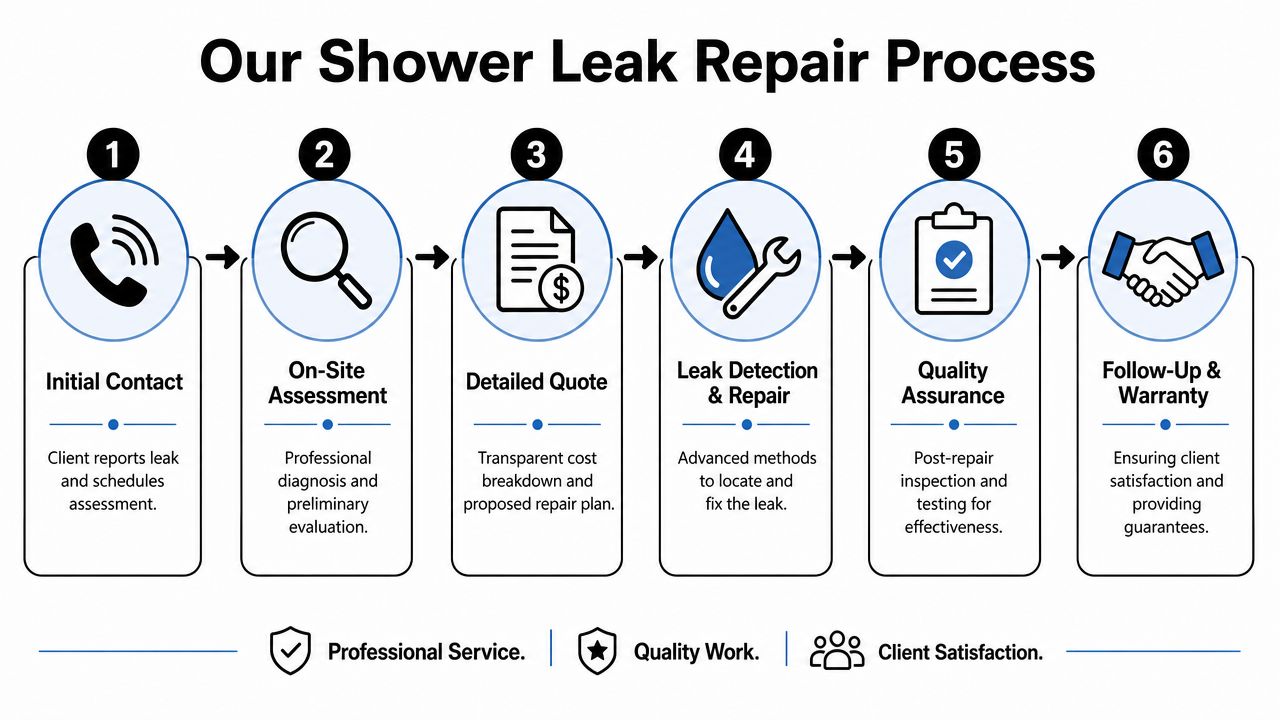 A six-step infographic detailing the professional shower leak repair process from initial contact to final warranty.