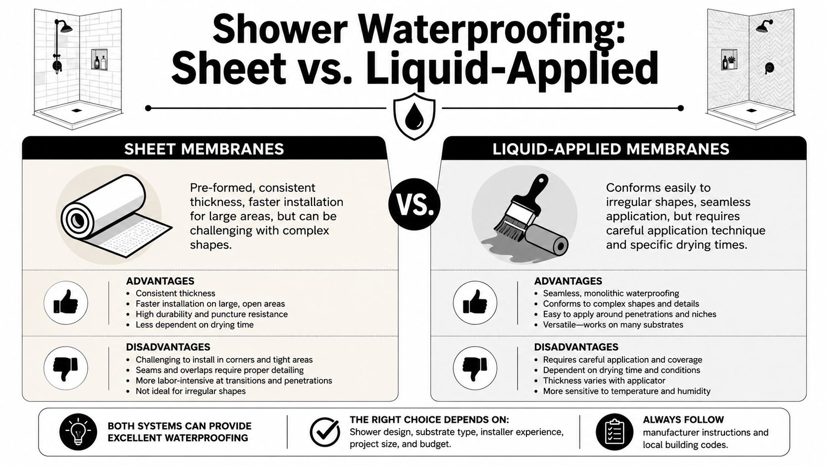 A comparison infographic between sheet and liquid-applied shower waterproofing membranes, explaining their pros, cons, and use cases.