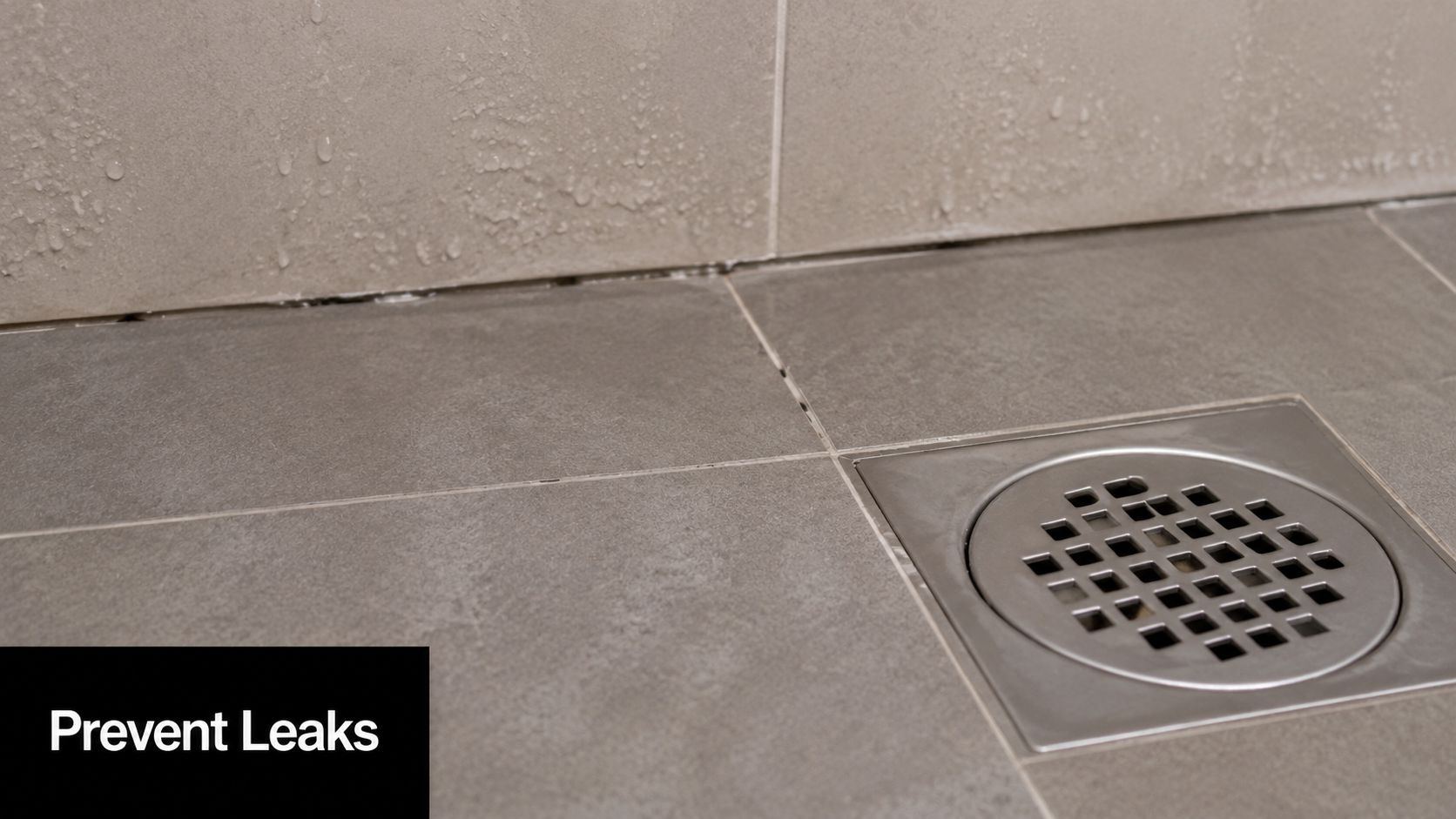 A close up view of shower floor tiles with a drain showing potential gaps needing waterproofing.