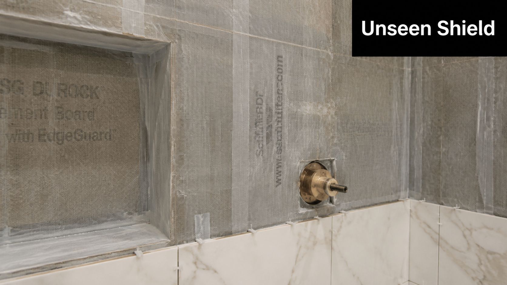 A shower wall under construction featuring cement backer board, waterproofing tape at seams, and partially installed marble tiles.