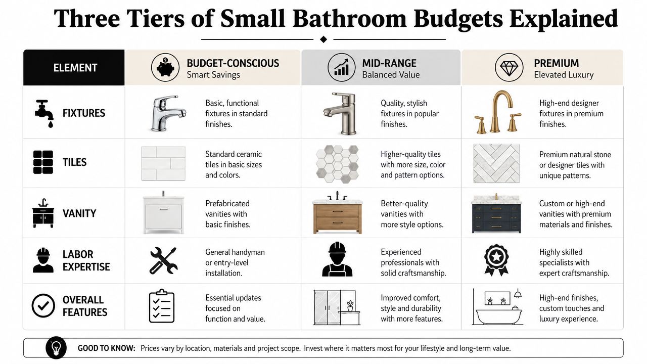 A comparison chart outlining three tiers of small bathroom renovation budgets: Budget-Conscious, Mid-Range, and Premium.