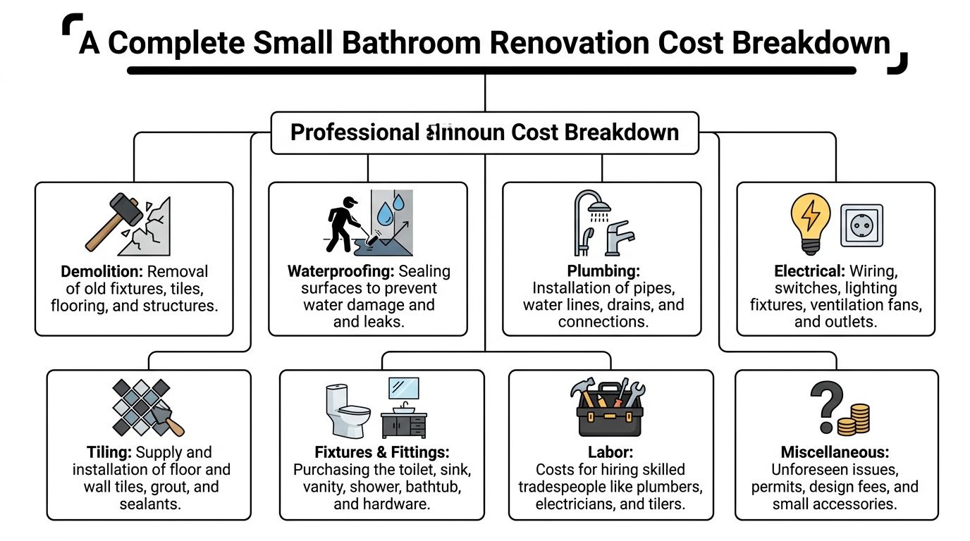 A comprehensive infographic illustrating the various cost categories involved in a small bathroom renovation project.