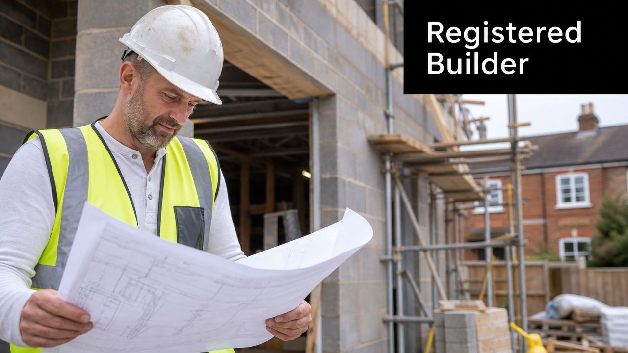 A professional registered builder wearing a white hard hat and yellow high-visibility vest examining construction blueprints.