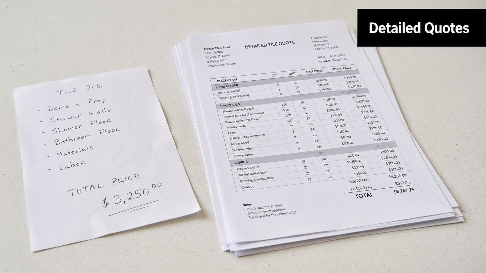 A detailed tile installation quote document and a handwritten summary page placed on a flat white surface.