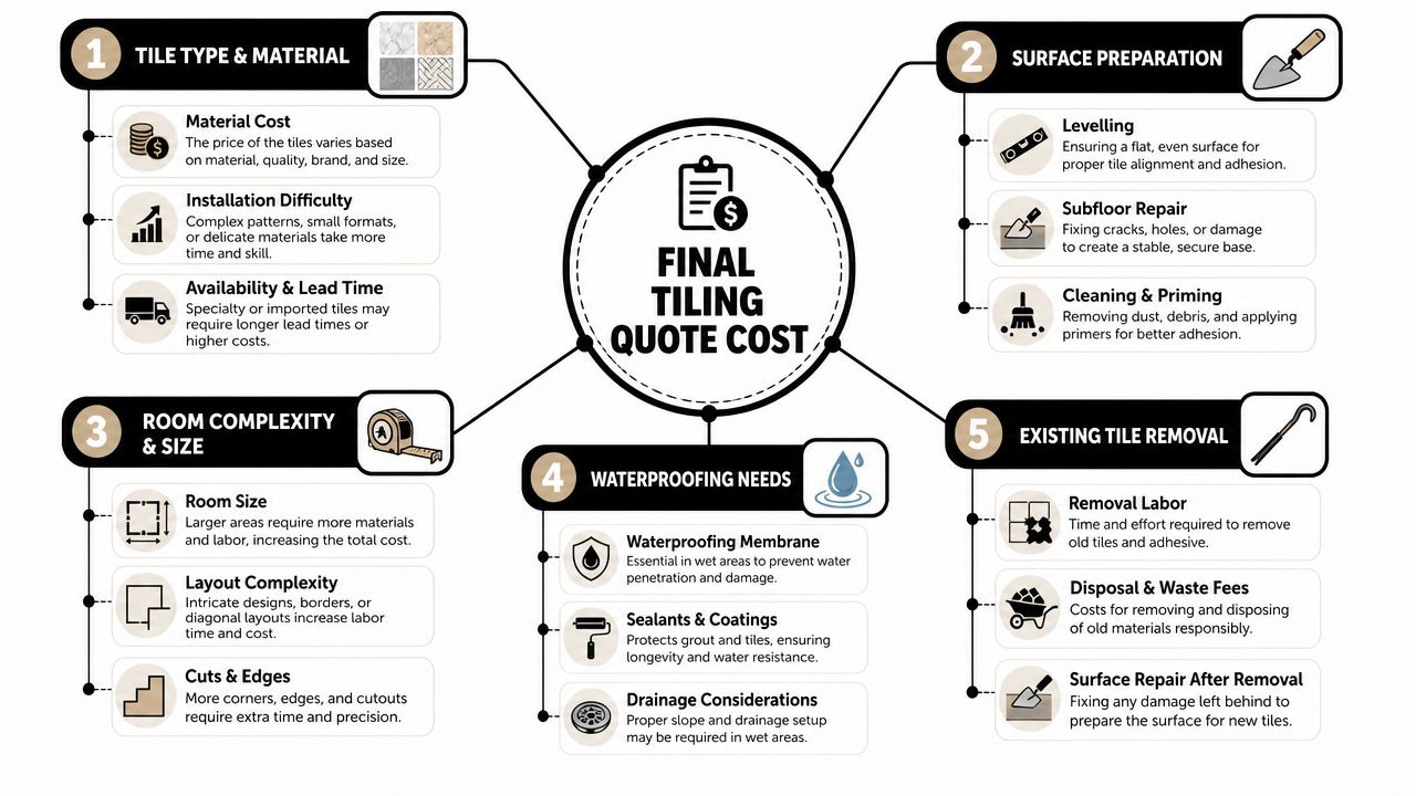 An infographic showing five key factors that influence the total cost of professional tile installation services.