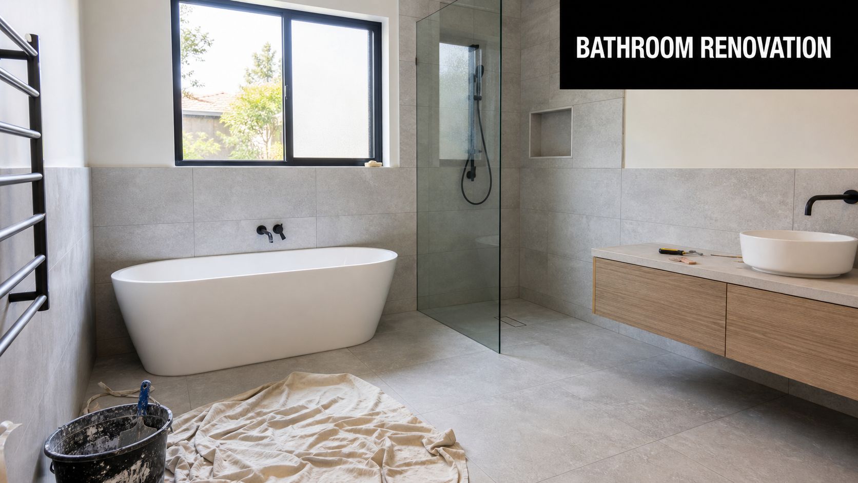A modern bathroom undergoing renovation with a white freestanding bathtub, glass shower screen, and wood vanity.
