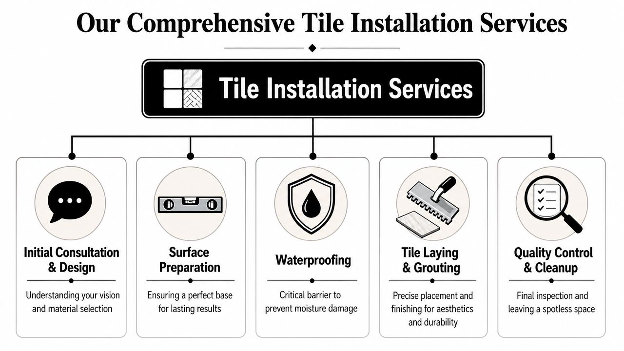 A flow chart illustrating professional tile installation services including consultation, preparation, waterproofing, laying, grouting, and quality control.