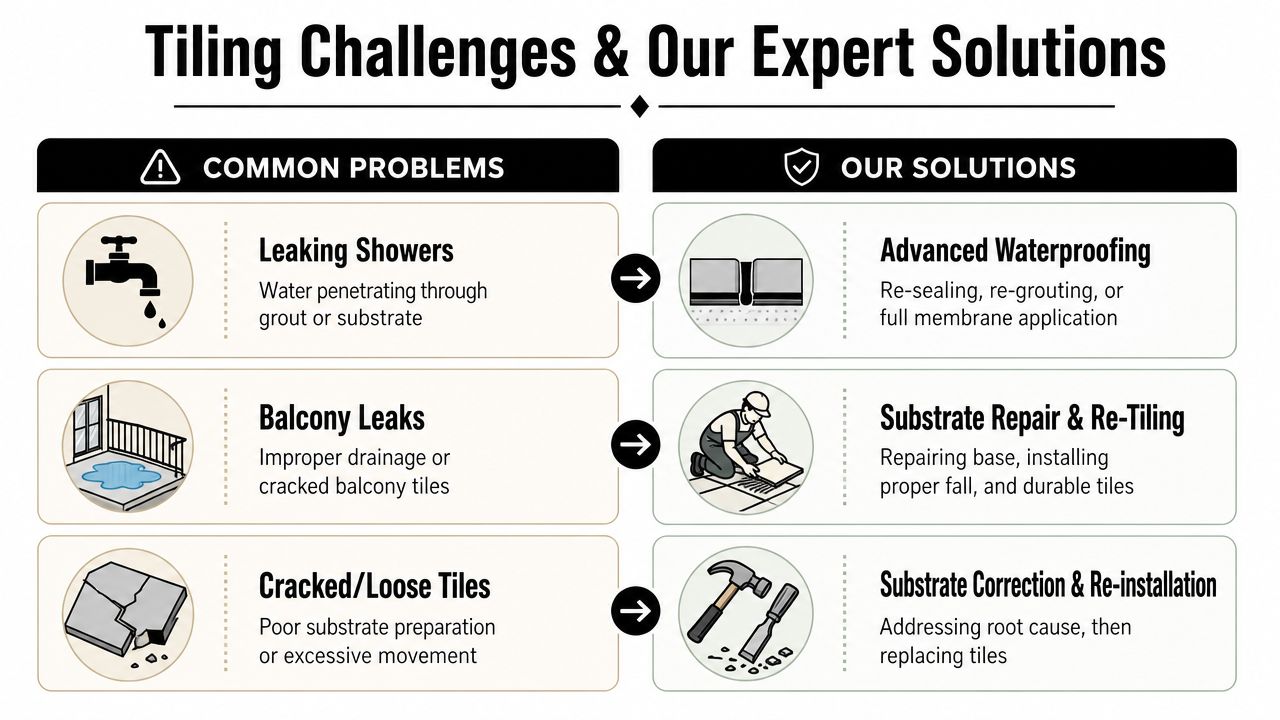 A comparison chart showing common tiling problems like leaks and cracks alongside expert repair solutions.