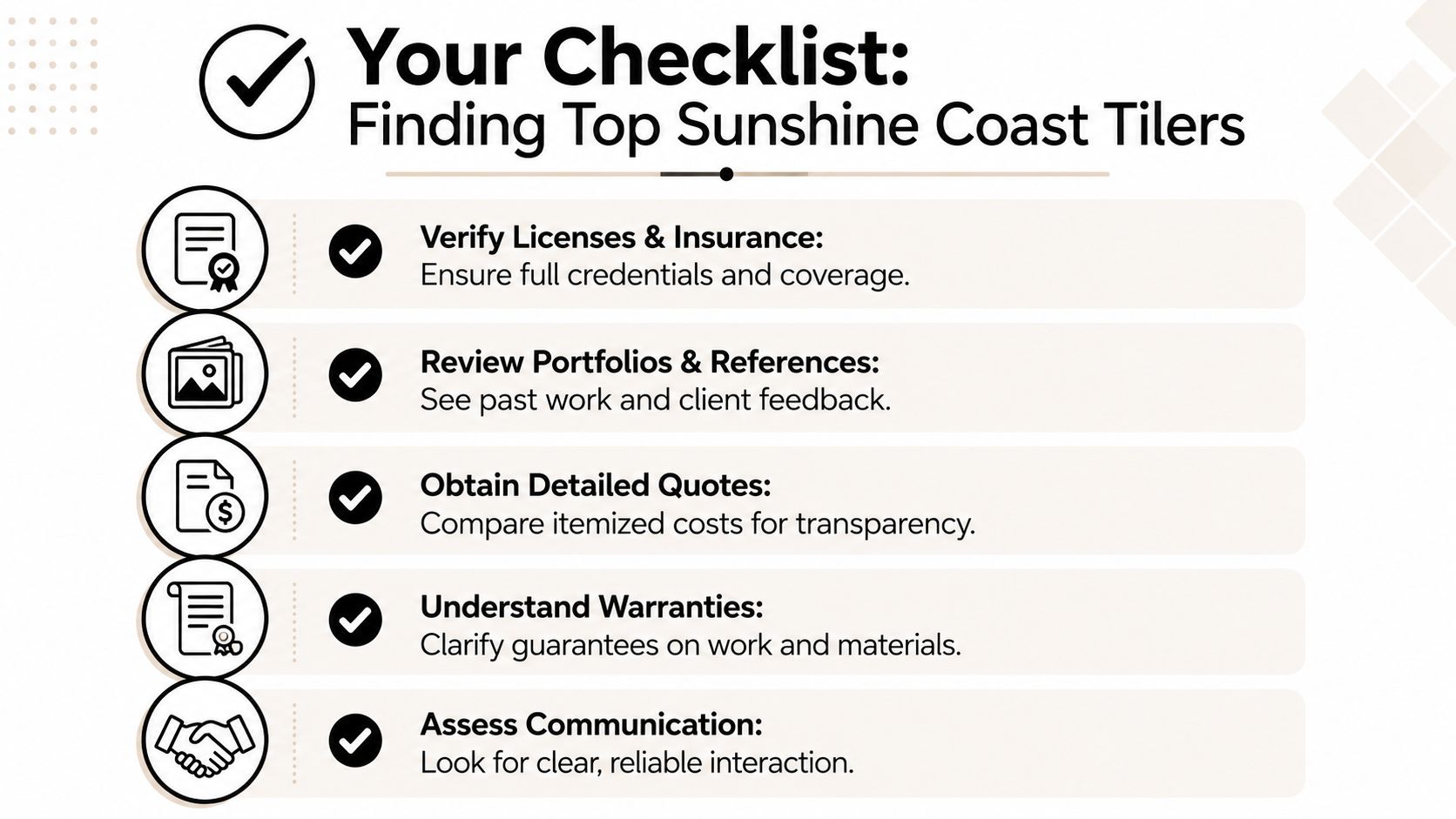 A checklist for choosing top-rated tilers on the Sunshine Coast with steps like verifying insurance and warranties.
