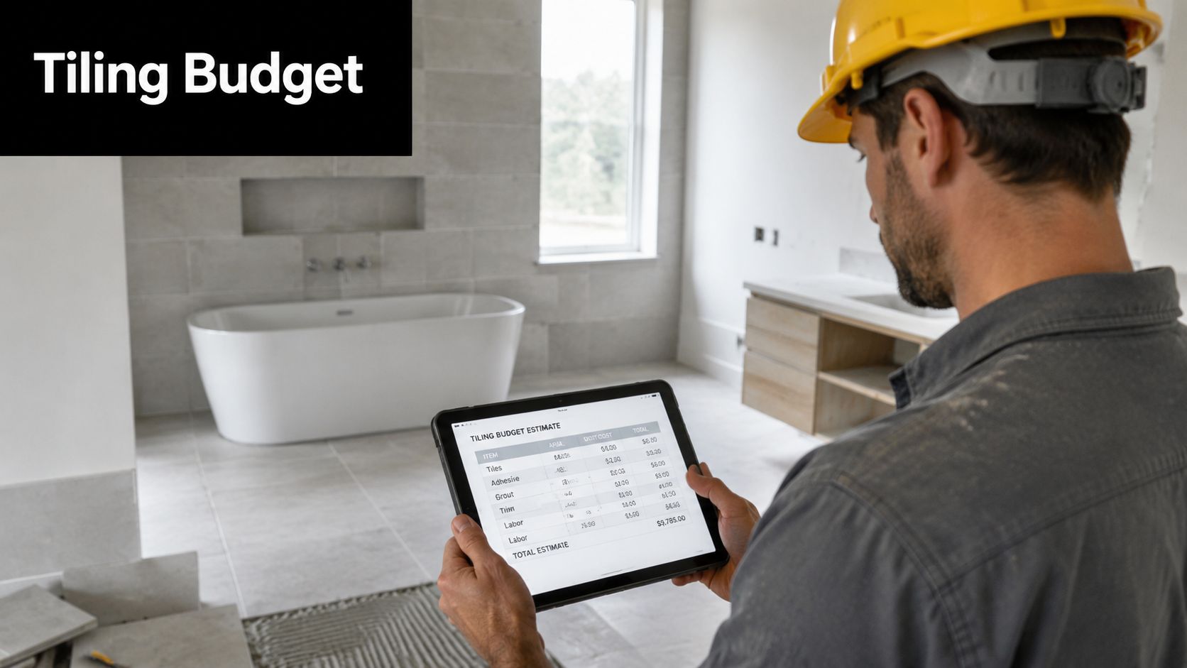 A professional contractor in a hard hat reviewing a digital tiling budget estimate on a tablet.