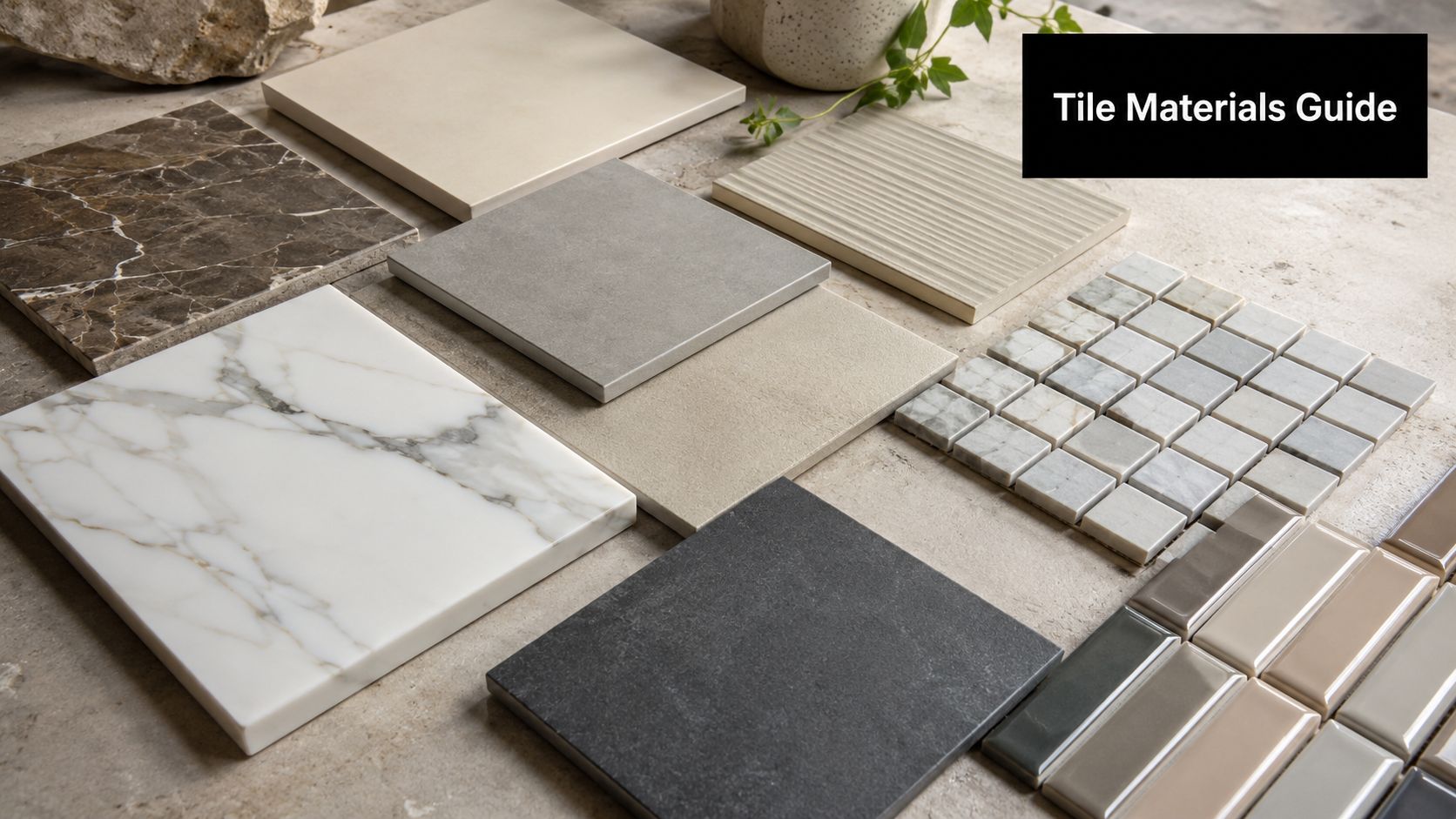 A collection of various tile samples including marble, ceramic, and textured stone squares displayed on a table.