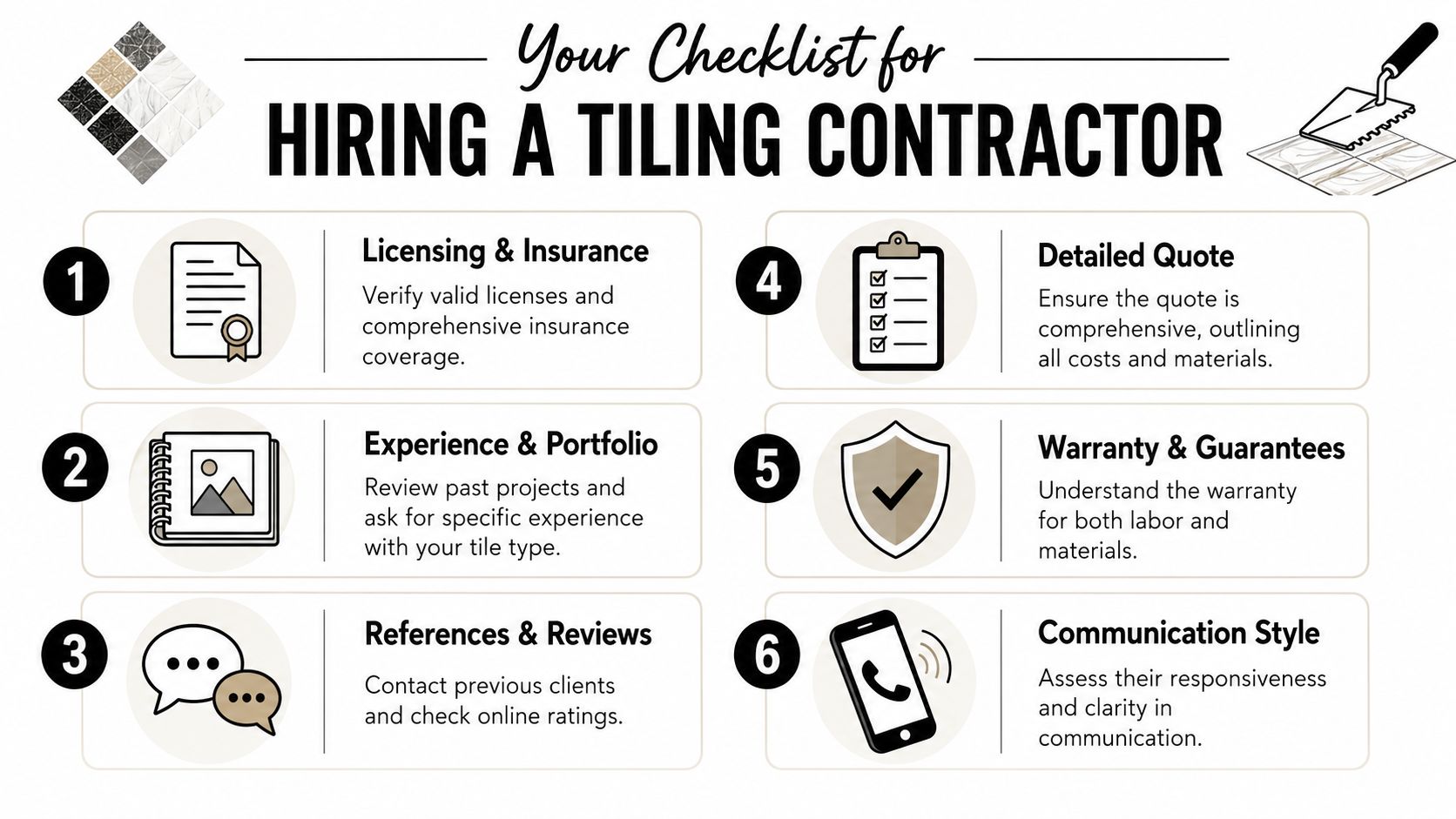 An infographic checklist for hiring a professional tiling contractor featuring six essential steps for homeowners.