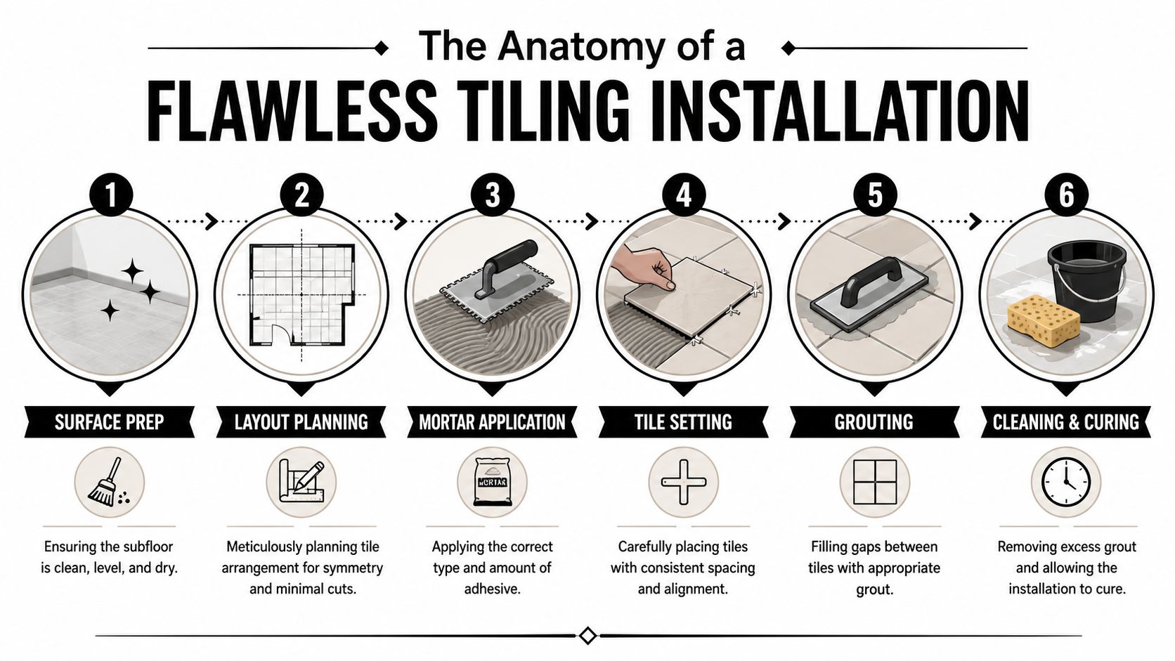 A six-step infographic illustrating the professional process of a flawless ceramic floor tile installation.