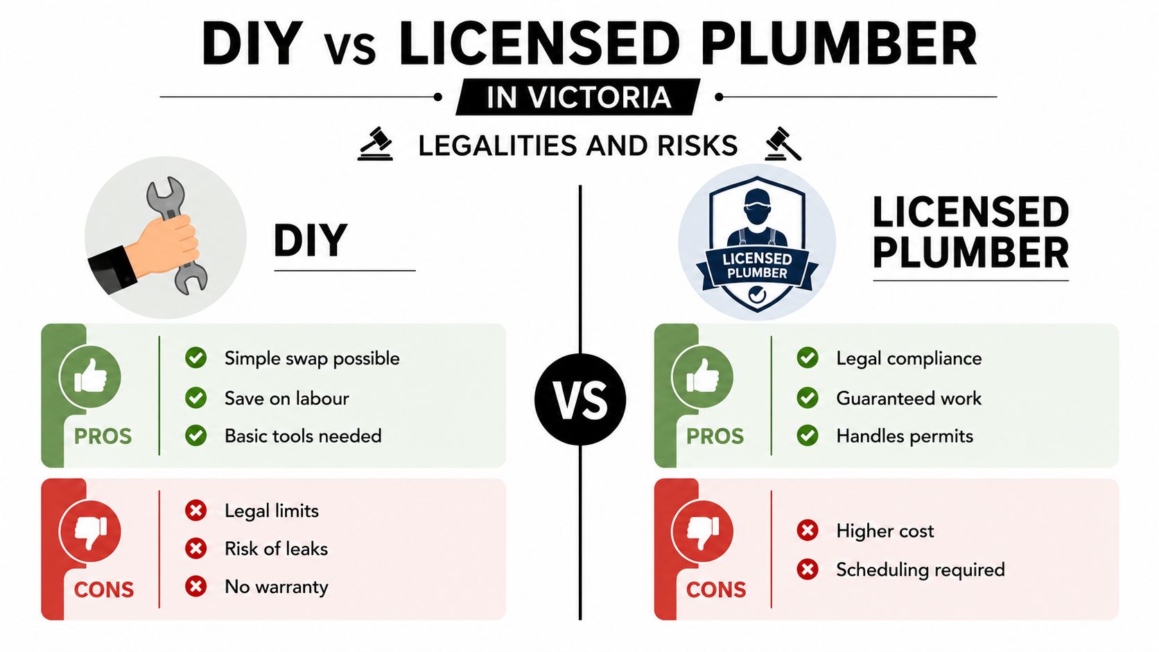 A comparison infographic between DIY plumbing and hiring a licensed plumber in Victoria regarding legalities and risks.