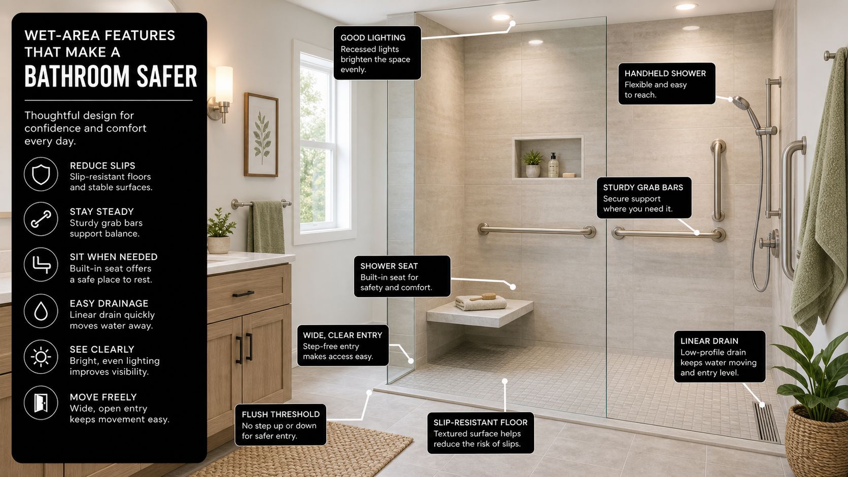 A modern, accessible walk-in shower featuring safety grab bars, a built-in seat, and a slip-resistant floor.