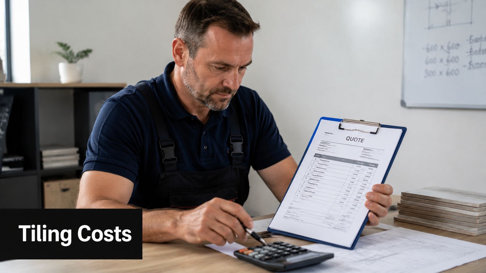 A professional tradesman reviews a tiling quote and calculates project costs while sitting at his desk.