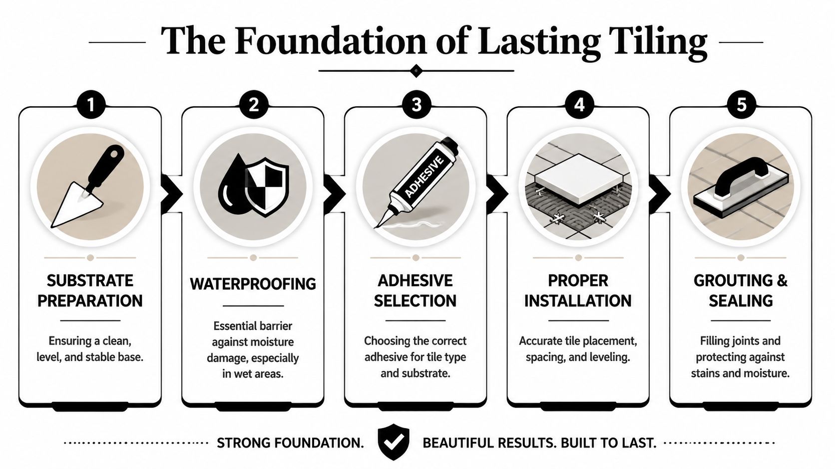 A five-step infographic showing the essential foundation process for professional and long-lasting tile installation projects.