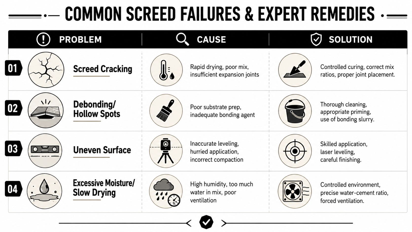 A chart illustrating four common screed problems, their underlying causes, and expert solutions for flooring installations.