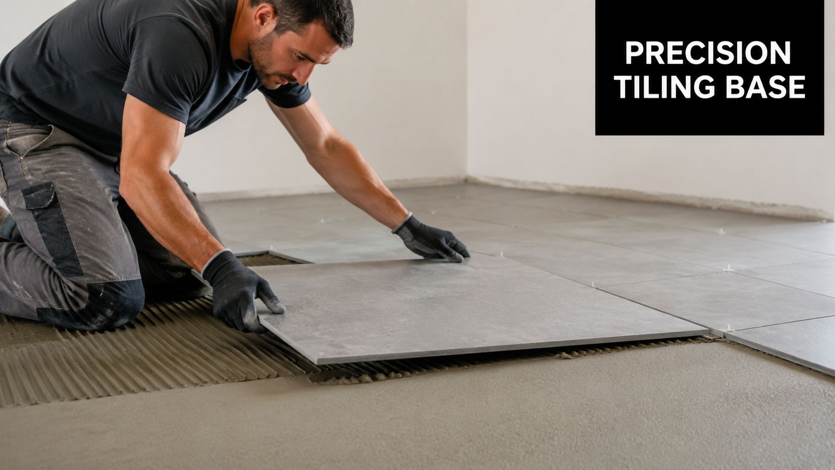 A professional construction worker laying a large grey tile onto a freshly applied screed flooring base.