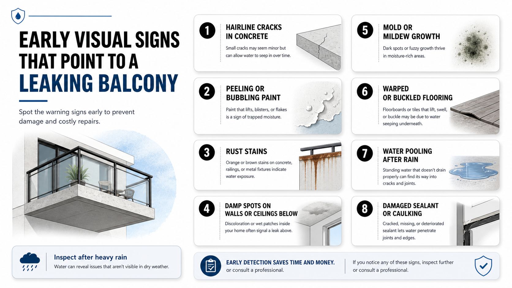An infographic showing eight common visual signs of a leaking balcony to help with early home maintenance.