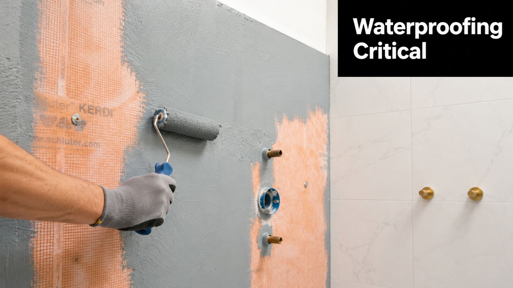 A construction worker applies gray waterproof membrane to a shower wall using a paint roller for bathroom renovation.