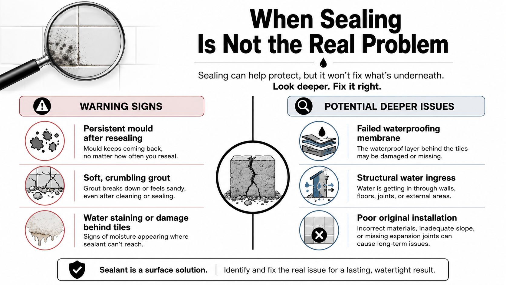 An infographic titled When Sealing Is Not the Real Problem, highlighting warning signs and deeper structural water issues.