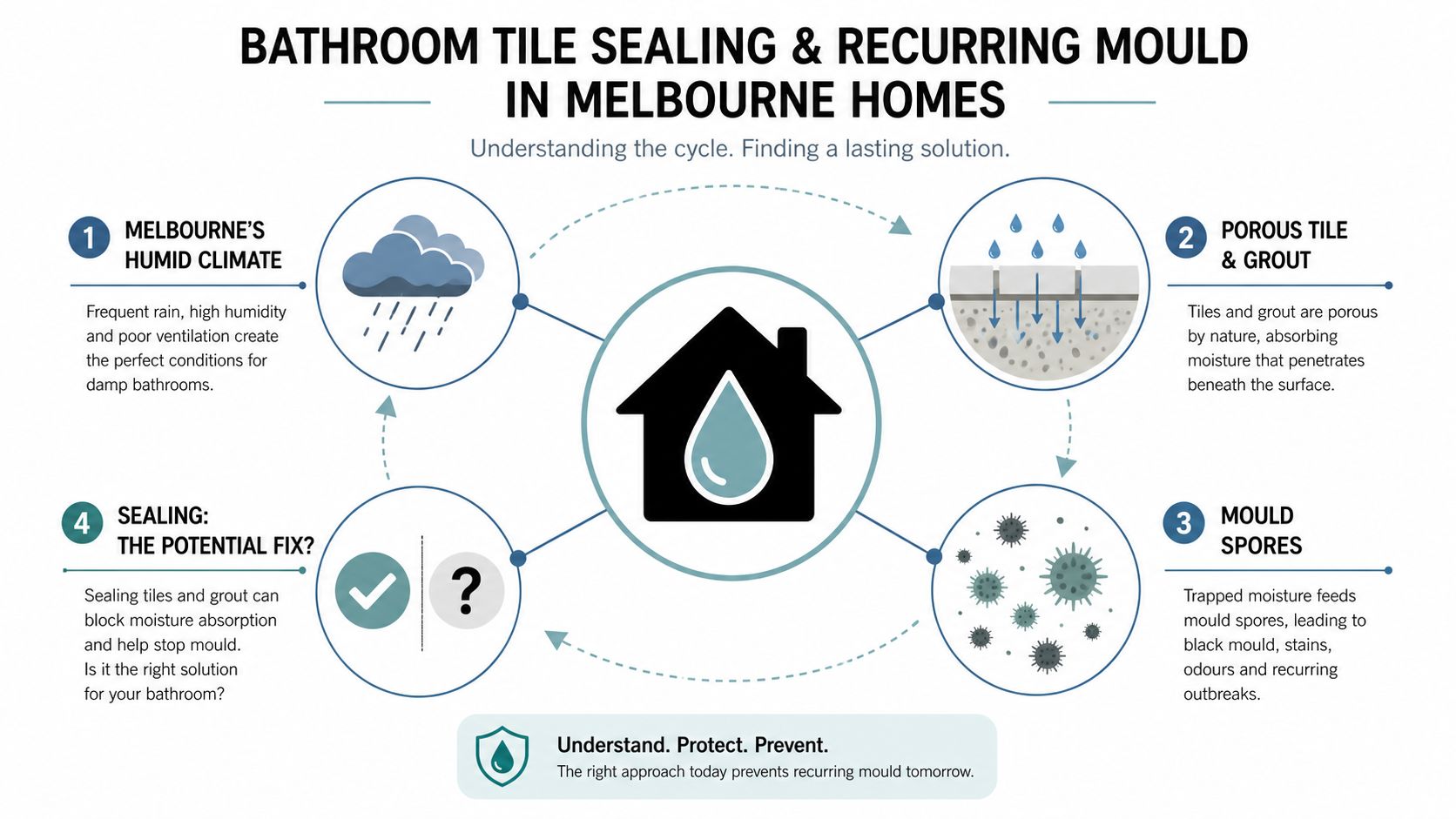 An infographic detailing the cycle of bathroom tile sealing and recurring mould issues in Melbourne homes.