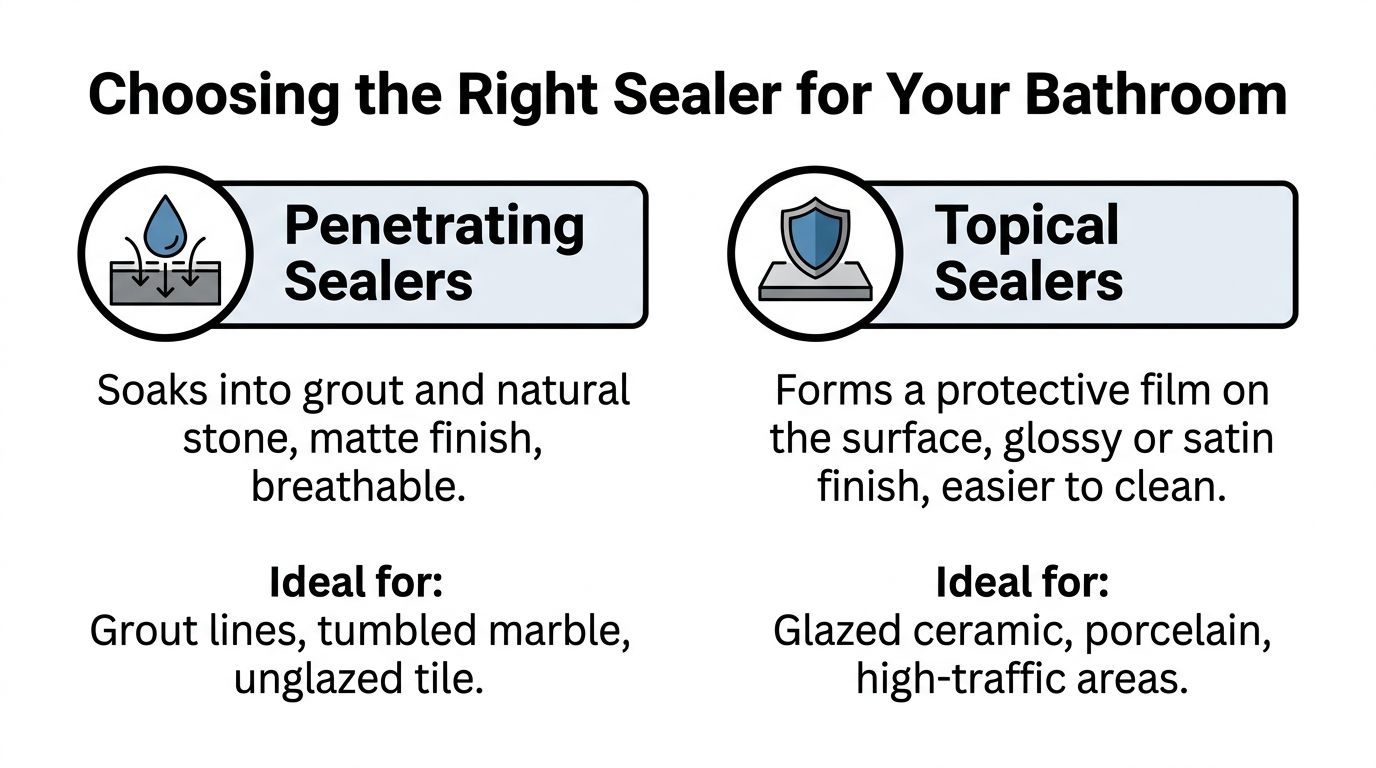 A comparison chart explaining the differences between penetrating and topical sealers for bathroom tiles and grout.