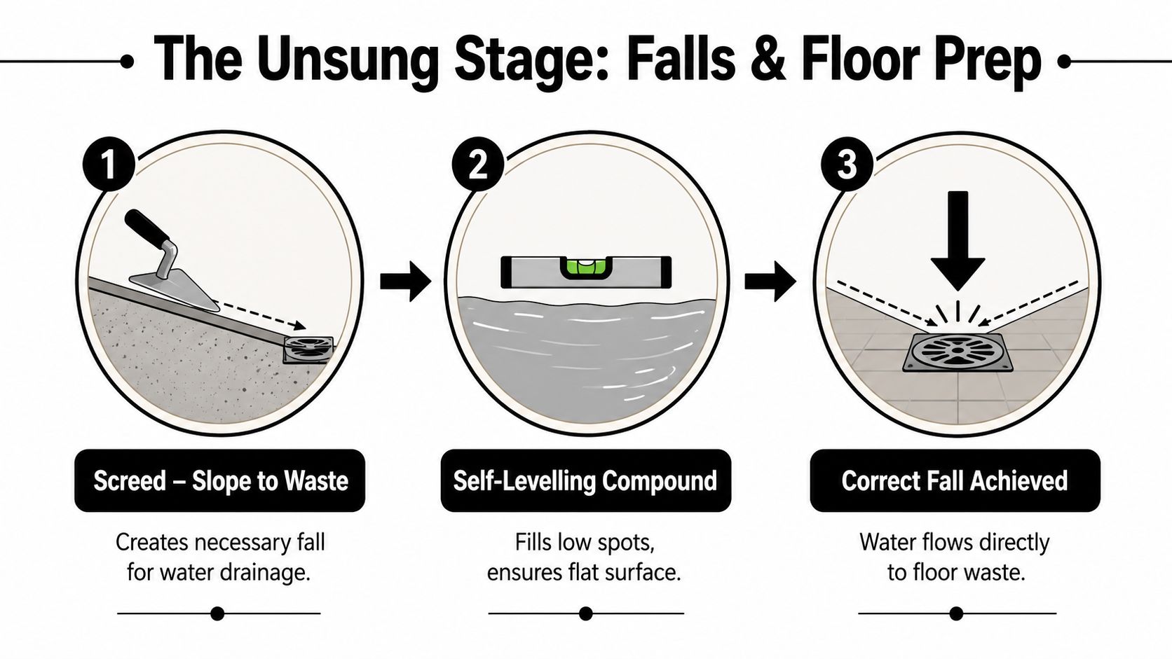 A diagram illustrating the three steps of bathroom floor preparation including screeding, leveling, and drainage.