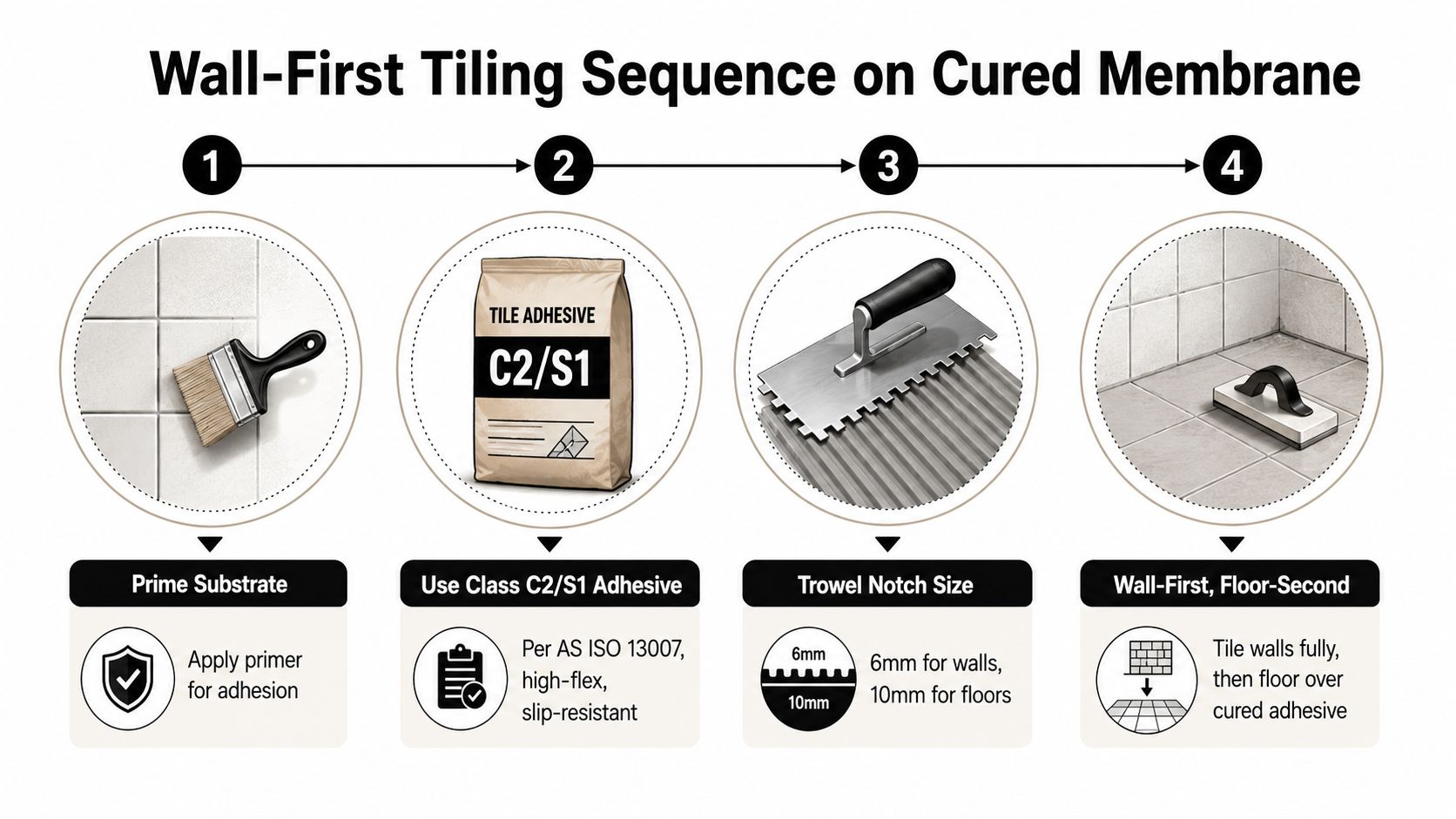 An infographic illustrating the four-step wall-first tiling sequence on a cured waterproof membrane for bathroom installation.