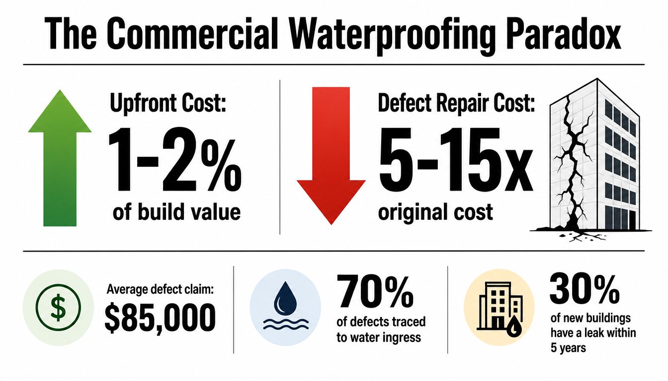 An infographic titled The Commercial Waterproofing Paradox illustrating the high costs of water leak repairs in buildings.