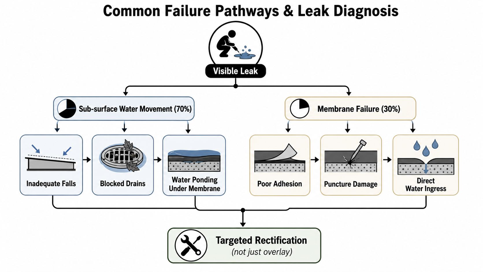 A flowchart explaining common causes of waterproofing failure including sub-surface water movement and membrane integrity issues.