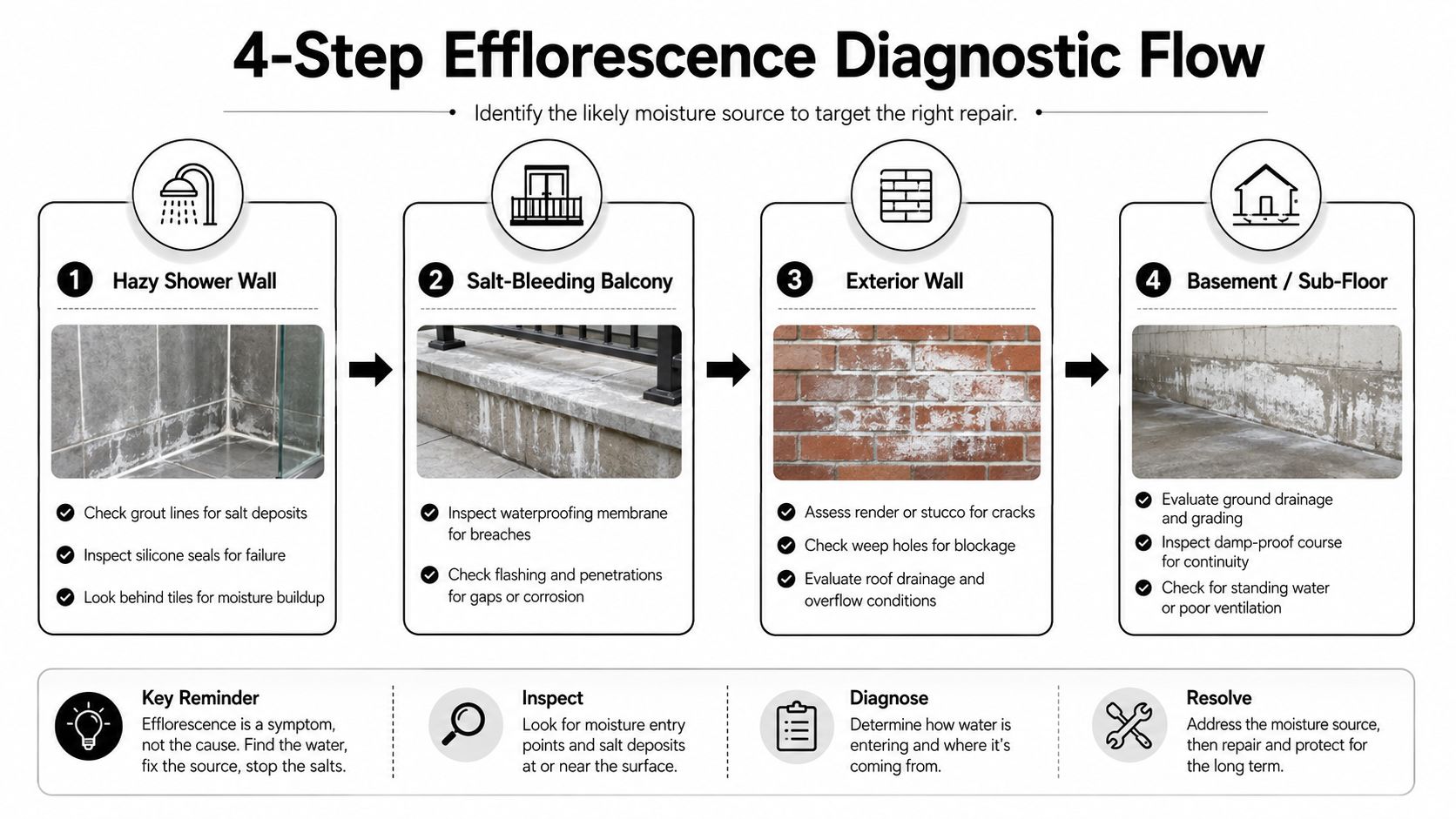 A four-step diagnostic flow chart illustrating how to identify and address common sources of building efflorescence.