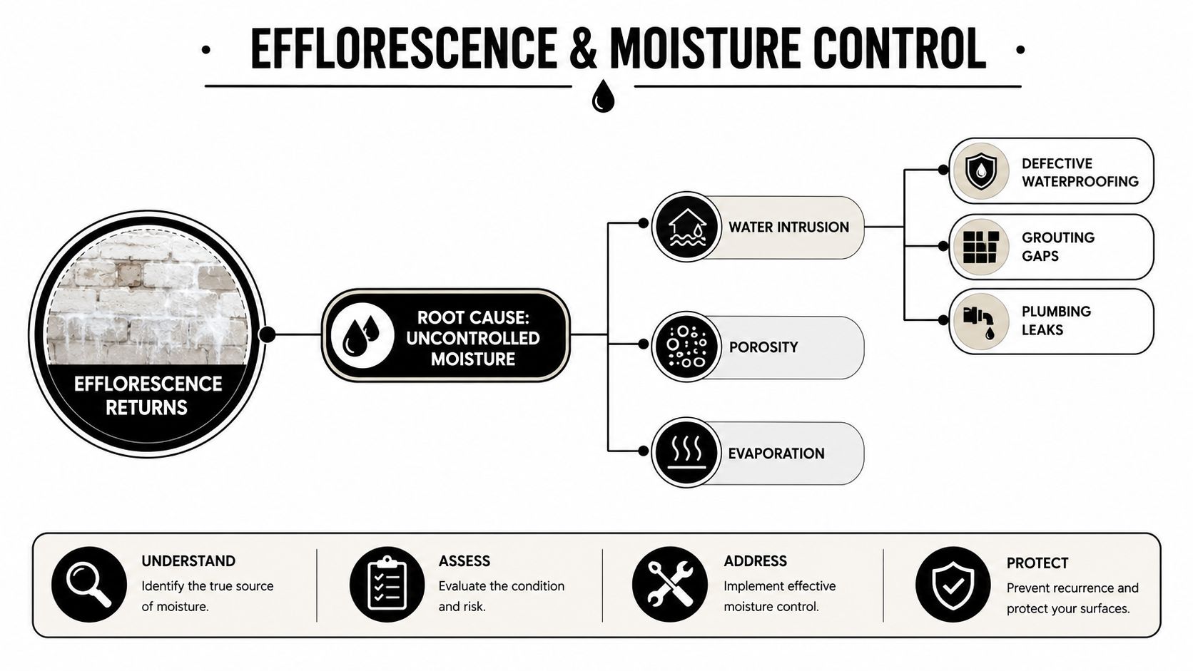 A diagram illustrating the causes of efflorescence and the process of moisture control and protection.