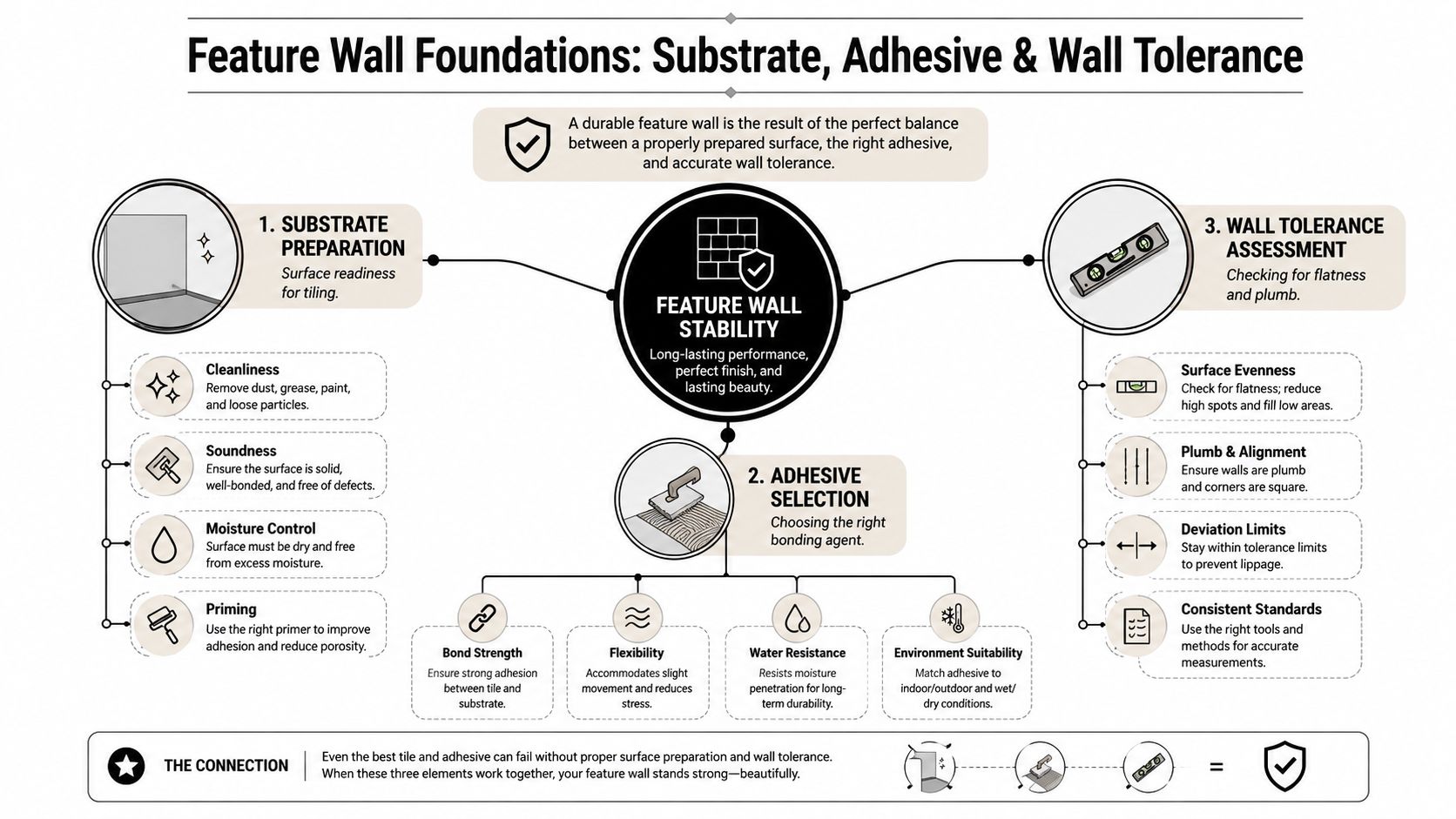 An infographic detailing the three essential foundations for a durable feature wall tiling project: substrate preparation, adhesive selection, and wall tolerance.