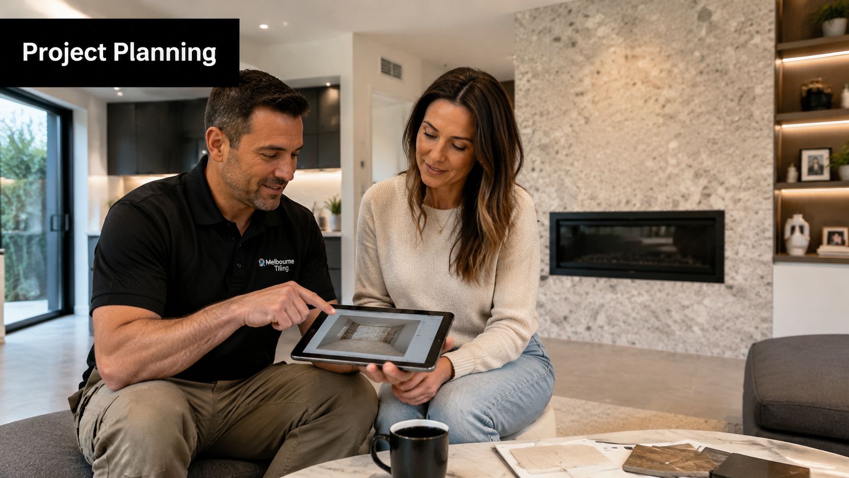 A professional tiler discussing home renovation project plans with a client using a digital tablet.