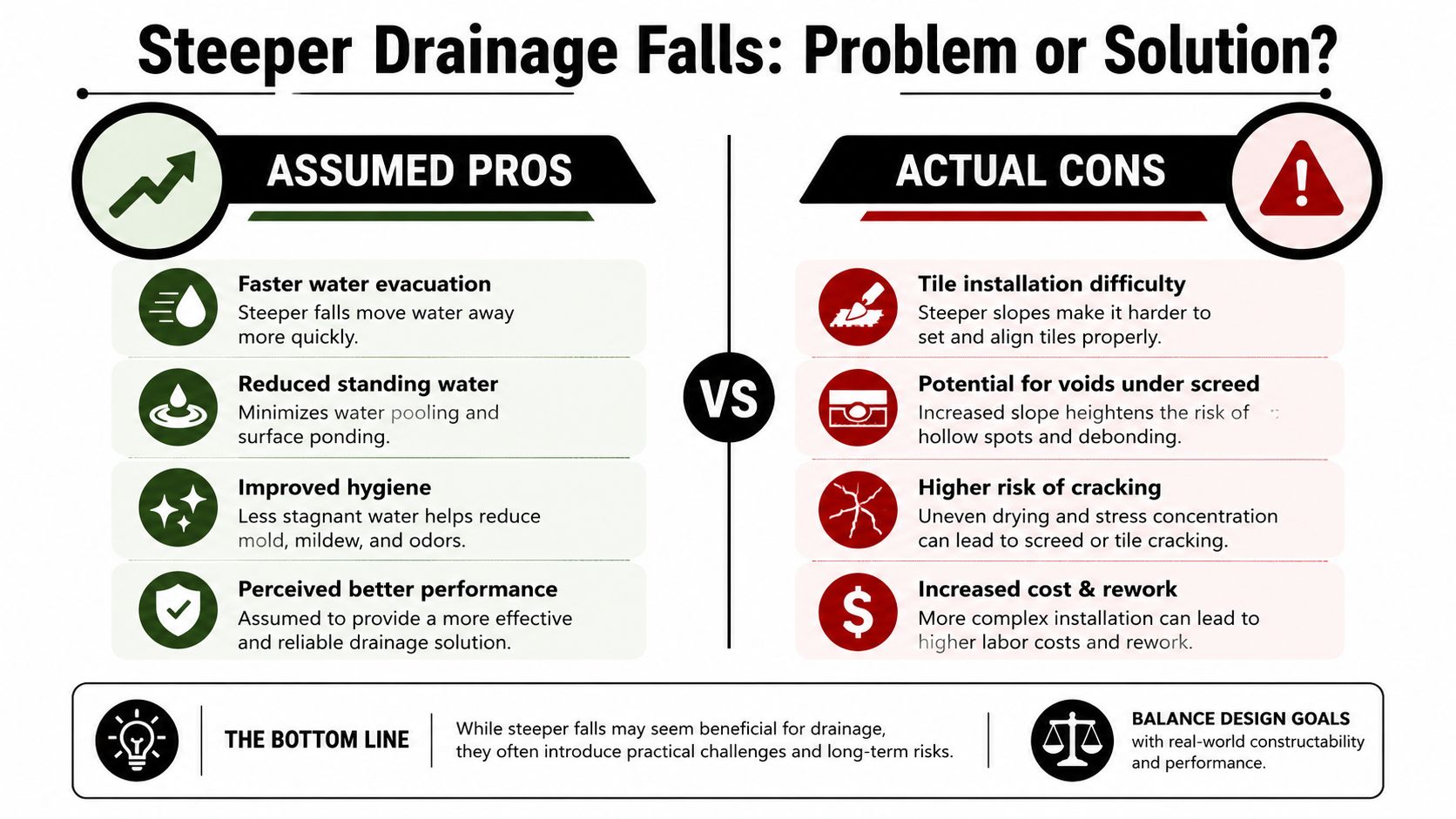 An infographic comparing the pros and cons of implementing steeper drainage falls in floor construction projects.
