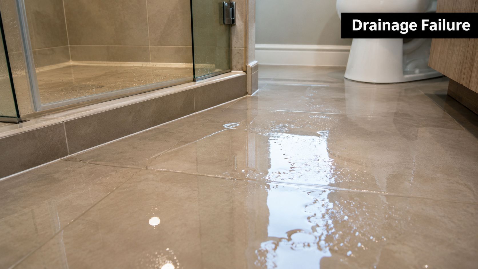 Water leaking onto the bathroom floor from a glass shower enclosure indicating a potential drainage failure.
